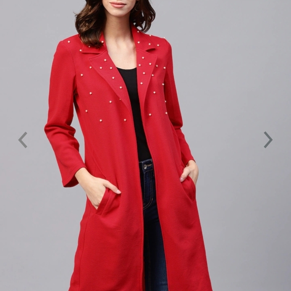 Athena Jackets & Blazers - Red solid longline open front shrug
